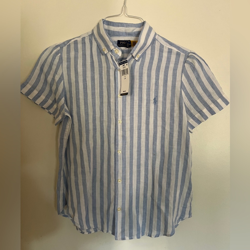 NWT SZ L Ralph Lauren Light Blue and White Striped 100% Linen Button-Down